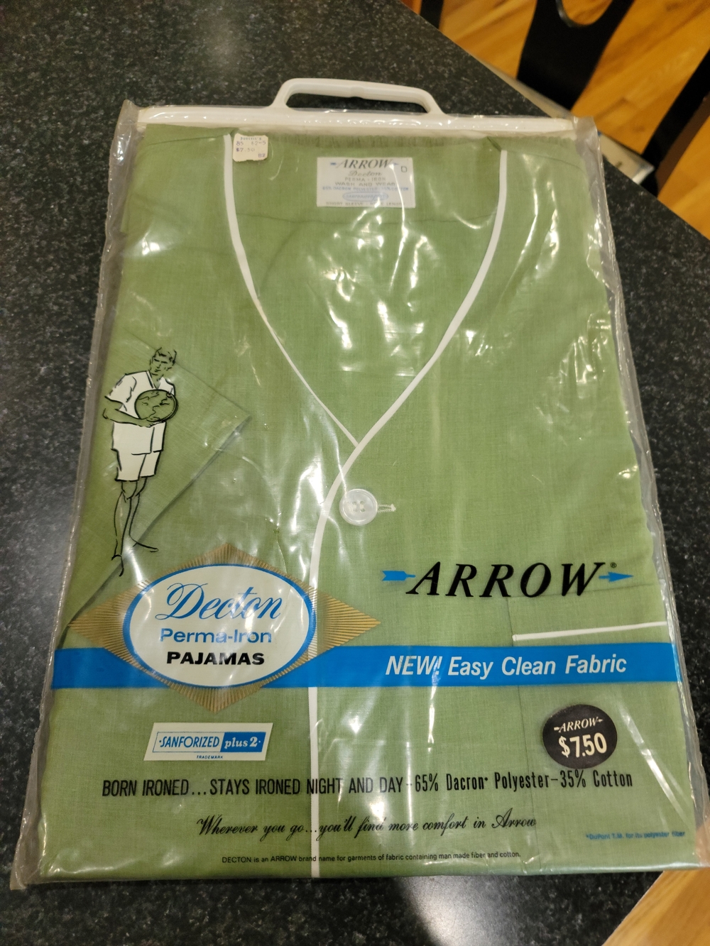 Vintage Arrow Perma-Iron Men Pajamas Green NOS Sealed 1960s 1970s Dacron Cotton